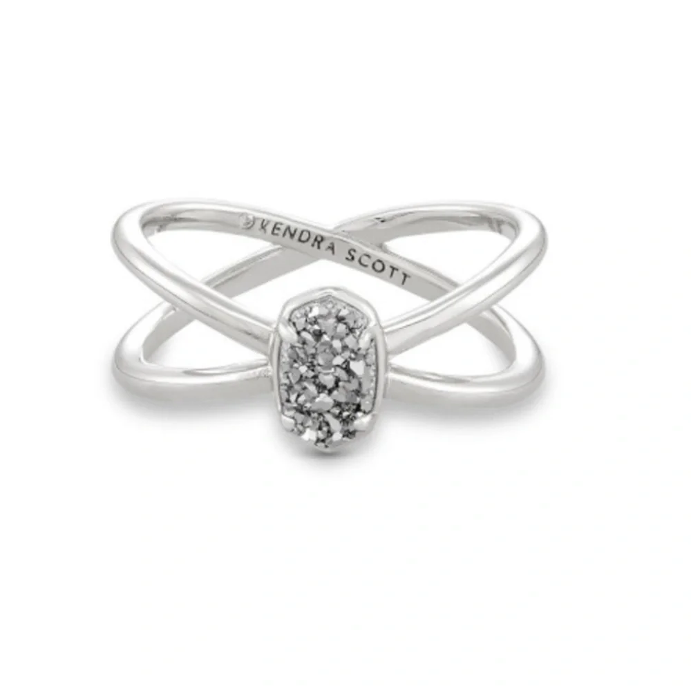 Kendra Scott Emilie Double Band Rhodium Platinum Drusy.  Size 7
